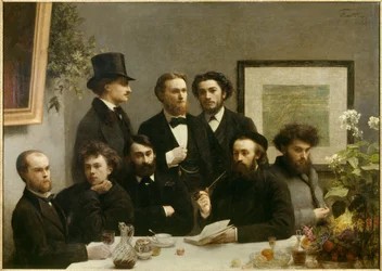 Canto da mesa Representação de um encontro entre, da esquerda para a direita, Paul Verlaine, Arthur Rimbaud, Elzear Bonnier, Leon Valade, Emile Blemont, Jean Aicart, Ernest d