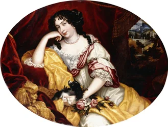 Retrato de uma senhora, sentada três quartos, com seu cachorro diante de uma janela aberta, uma paisagem italiana além,