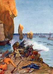 Colonização de Tonkin: "O Almirante francês Amedee Courbet liderando a sua frota em Along Bay (Ha Long) em Agosto de 1883, Vietname" (Campanha Tonkin: o Almirante Amedee Courbet em Along Bay em Julho - Agosto de 1883 com reforços navais substanciais