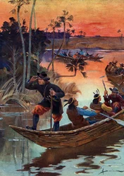 René-Robert Cavelier de La Salle (1643-1687), explorador francês, e os seus companheiros descendo o rio Mississippi para a França