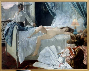 Rolla. Um casal num quarto, a mulher dorme nua e o homem olha para ela junto à janela. Pintura de Henri Gervex (1852 - 1929). 1878. Dimensões 1,75 x 2,20 m. Musée des Beaux-Arts de Bordeaux