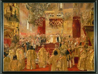 A coroação do czar Nicolau II e da imperatriz Alexandra Feodorovna na Catedral da Dormição, Moscovo