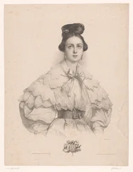Jovem mulher com nome com letra A
A (título sobre o objecto)
Senhoras para cada letra do alfabeto (título da série)
Le Miroir des dames, ou novo alfabeto francês (título da série)