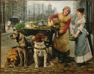 A leiteira com carrinho de cachorro no De Keyserlei em Antuérpia, c. 1890.