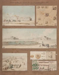 Seis vistas e desenhos do lago Natron na Líbia, feitos durante a missão de reconhecimento do exército egípcio liderada pelo General Andreossy, 1799 (caneta, tinta e papel no chão)