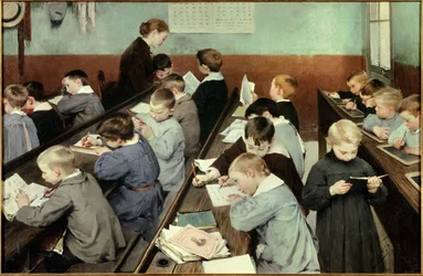 Na aula, o trabalho dos pequenos. Os jovens na escola estudam blusa em sala de aula, alguns lêem, outros escrevem em seu caderno ou em ardósia. Pintura de Jean Henri Jules Dit Geoffroy (1853-1924)