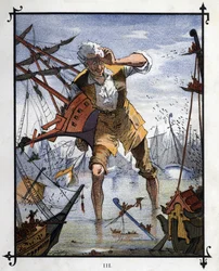 Lemuel Gulliver no centro de uma batalha naval entre os navios de Lilliput e Blefuscu. Ilustração para "Gulliver