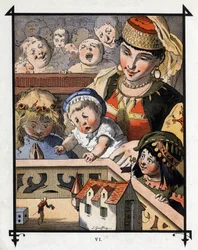 Lemuel Gulliver, na terra dos gigantes de Brobdingnag, é um curioso para as crianças. Ilustração para "Gulliver
