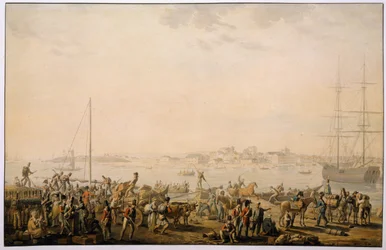 O desembarque do exército britânico em Mondego Bay, por volta de 1808