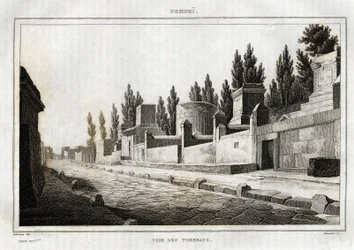 La voie des tombeaux, uma Pompeia, gravada por Labrouste, em "Itália pitoresca", editora Amable Coste, Paris