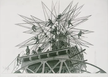 Exposição Universal de 1900: Instalação da Estrela no Topo do Palácio da Eletricidade (gravura)