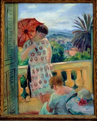 Duas mulheres em uma varanda ou na varanda, em vista do Esterel. Pintura de Henri Lebasque (1865-1937) 1925-1926, óleo sobre tela, 92,5 × 65 cm. Lyon, musee des Beaux Arts - Duas mulheres numa varanda ou varanda, com vista para o Esterel. Pintando Henri Le