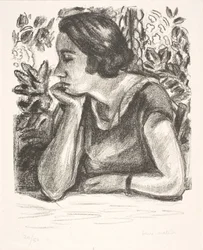 Retrato de busto de uma dama com o queixo apoiado na mão direita