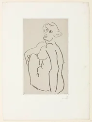 Mulher nua sentada, vista de três quartos