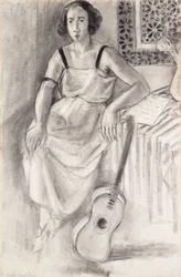 Mulher sentada com uma guitarra, c.1921-23 (carvão sobre papel)