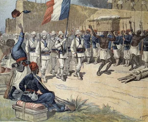 Em Dahomey (agora Benin): entrada da bandeira francesa em Abomey - no "Le Petity Journal" de 10/12/1892