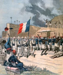 Entrada do exército francês em Abomey, Dahomey, África, 1892