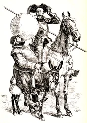 Dom Quixote no seu cavalo, ao lado de Sancho no seu burro