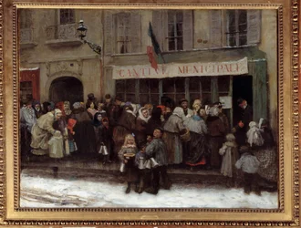 A cantina municipal durante o cerco a Paris, em 1870, os parisienses agitam em frente a uma cantina municipal no momento do cerco da cidade pelos prussianos. Pintura de Henri Pille (1844-1897)
