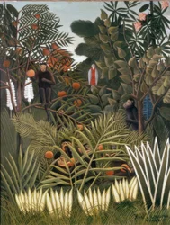Paisagem exótica com macacos e um papagaio