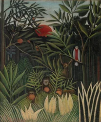 Macacos e papagaios na floresta virgem