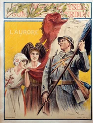A aurora: cartaz de propaganda durante a Primeira Guerra Mundial com duas mulheres representando a Alsácia e a Lorena (Alsácia-Lorena)