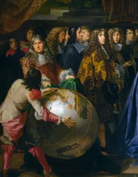 Globo terrestre, detalhe de Jean-Baptiste Colbert apresentando membros da Academia Real das Ciências a Luís XIV em 1667, óleo sobre tela por Henri Testelin (1616-1695), cm 348x590, França