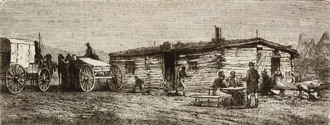 Estação de diligência transcontinental no deserto de Utah, de Do outro lado dos Estados Unidos, do Atlântico ao Pacífico, de Louis Laurent Simonin, gravura de Hildibrand de L