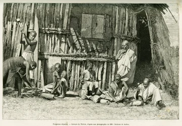 Ferreiros abissais. Gravura de Thiriat, depois de uma fotografia, para ilustrar a história Voyage au Choa (Abyssinie meridionale)