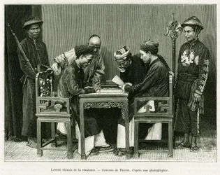 Cartas chinesas da residência francesa em Hanoi. Gravado por Thiriat, após uma fotografia, para ilustrar a história Trente mois au Tonkin em 1884, pelo Doutor Hocquard, em le tour du monde 1889, dirigido por Edouard Charton (1807-1890), Hachette, Paris.