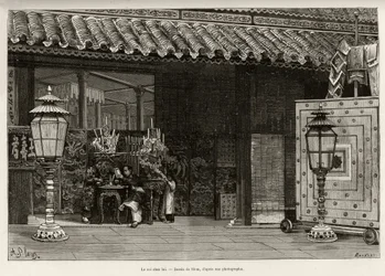 Rei Dong Khanh (1864-1889) Imperador de Annam, casa na cidade imperial de Hue (Vietnã). Gravado por Thiriat, para ilustrar a história "Trente mois au Tonkin" do Dr. Charles Edouard Hocquard (1853-1911), em 1885, em Le tour du monde, nouveau journal de