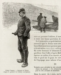 Retrato de Fridtjof Nansen (1861-1930) explorador polar norueguês. Gravura de Thiriat, para ilustrar a história "La premiere traversee du Greenland" de Fridtjof Nansen (1861-1930), em 1888, em Le tour du monde, nouveau journal des voyages, editado por Edo