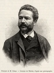 Retrato de Jules Claine (1856-1939), explorador e diplomata, autor da história. Gravura de Thiriat para ilustrar a história "um ano na Malásia", de Jules Claine (1856-1939)