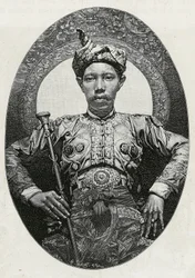 Retrato de Mohammed Yamalul Alam, sultão de Soulou (ou Sulu) (Filipinas), em 1880. Gravura de Thiriat, para ilustrar a história "Journey to the Philippines".