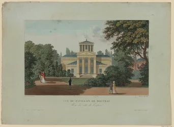 Vista do Pavilhão de Monceau da entrada, gravada por Nyon Jeune, 1816