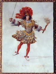 Traje para a Guerra, segurando com uma mão uma tocha e na outra uma espada no balé “” Les noces de Pelee et Thetis”” (Le Nozze di Peleo et di Teti) de Carlo Caprioli (ou Caproli) del Violino, peças em 26/01/1654 no Peer Bourbon. O papel da Guerra