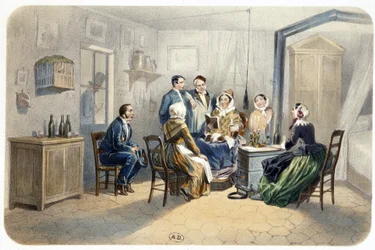 Vigilância: "Uma leitura à porta" por de Montaut (concierge lodge), n.d. século XIX