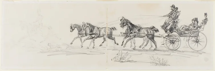 Carruagem Puxada a Cavalo Precedida por Cavaleiro Solteiro (reto); Homem andando a cavalo com cobertor e esboços de cabeças, cavalos e arco triunfal (verso)