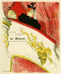 Uma mulher em um camarim de teatro usando um par de binóculos. Cartaz para o Missionário, peça de Marcel Luguet, representada em 1893 no Teatro Livre criado em 1887 por André Antoine (1858-1943), Ilustração em litografia de Henri de Toulouse Lautrec