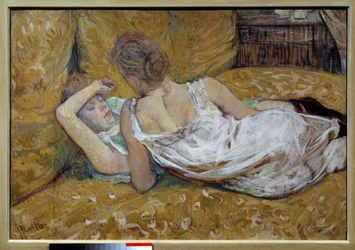 As duas amigas. Jovens mulheres deitadas numa cama - Pintura de Henri de Toulouse-Lautrec (1864-1901), 1895, colecção privada