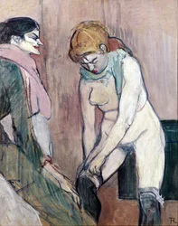 Mulher puxando suas meias ou Mulher de casa (pintura em papelão