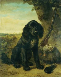 Um Retriever plano revestido por uma árvore (óleo sobre tela)