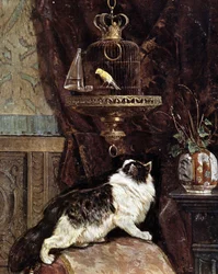 O gato a espiar um pássaro numa gaiola - por Henriette Ronner