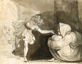 Galinthias supera Eileithyia Anunciando o Nascimento de Heracles (Verso: Retrato da Sra. Fuseli) (grafite, tinta e lavagens de tinta com tinta branca sobre papel branco)