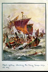 As galeras de Alfredo atacando os navios do Dragão Viking, 897 dC, ilustração da "História da Nação Britânica" de Hutchison, c.1920