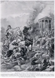 O ataque de Boadicea ao Camulodunum em 60 dC, da "História da Nação Britânica" de Hutchison, c.1920