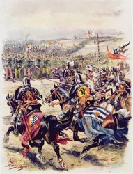 Carga da Cavalaria Francesa, ilustração de "Batalhas Gloriosas da História Inglesa" do Major CH Wylly, década de 1920