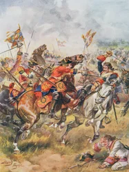 Carga dos Terceiros Dragões, ilustração de "Batalhas Gloriosas da História Inglesa" do Major CH Wylly, década de 1920