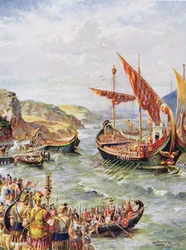 Partida dos romanos da Grã-Bretanha após o saque de Roma em 410 dC, ilustração da "Hutchinson&39;s Story of the British Nation"
