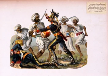 Sargento Hartigan, 9 Lancers, atacando desarmado 4 Nativos que entraram no Acampamento disfarçados de Músicos e mataram o Sargento Crews, Indian Mutiny, de uma série intitulada &39;Victoria Cross Gallery 185